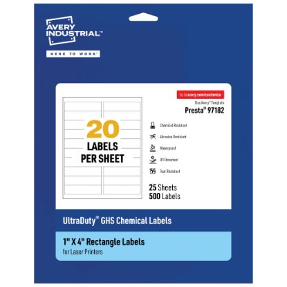 Picture of Avery Ultra Duty Permanent GHS Chemical Labels, 97182-WMU25, Rectangle, 1in x 4in, White, Pack Of 500