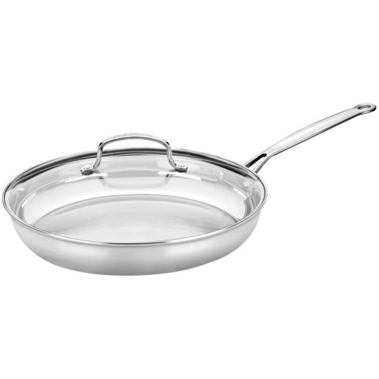 Picture of Conair 12in Stainless Steel Skillet w/ Glass Cover - 12in Diameter Skillet, Lid - Glass Lid, Stainless Steel, Aluminum - Oven Safe