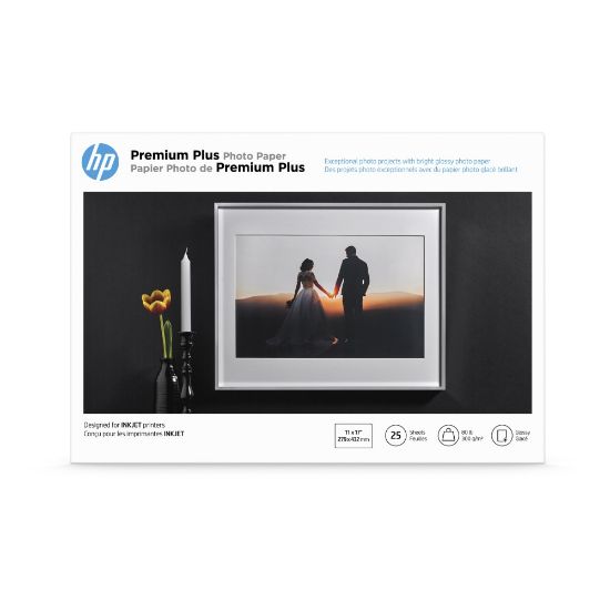 Picture of HP Premium Plus Photo Paper for Inkjet Printers, Glossy, Ledger Size (11in x 17)", 80 Lb., Pack Of 25 Sheets (CV065A)