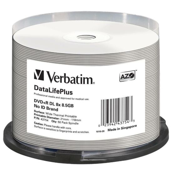 Picture of Verbatim DVD+R DL 8.5GB 8X DataLifePlus White Thermal Printable, Hub Printable - 50pk Spindle - 120mm - Printable - Thermal Printable