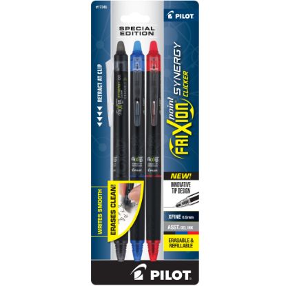 Picture of Pilot FriXion Synergy Clicker Erasable Retractable Gel Pens, Pack of 3, Extra-Fine Point, 0.5 mm, Black Barrel, Assorted Inks