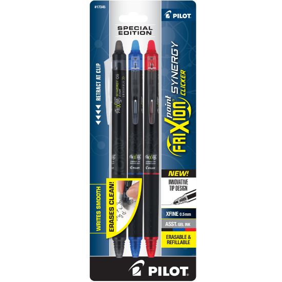 Picture of Pilot FriXion Synergy Clicker Erasable Retractable Gel Pens, Pack of 3, Extra-Fine Point, 0.5 mm, Black Barrel, Assorted Inks