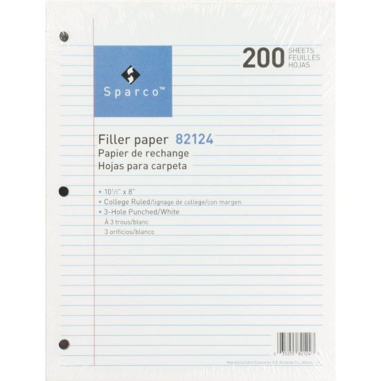 Picture of Sparco Filler Paper, 8in x 10 1/2in, 16 Lb, College Ruled, White