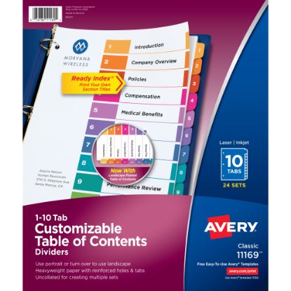 Picture of Avery Ready Index 1-10 Tab Binder Dividers With Customizable Table Of Contents, 8-1/2in x 11in, 10 Tab, White/Multicolor, Box Of 24 Sets