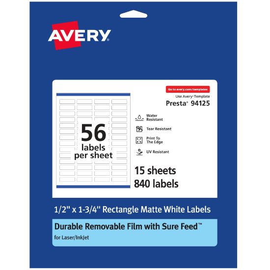 Picture of Avery Durable Removable Labels With Sure Feed, 94125-DRF15, Rectangle, 1/2in x 1-3/4in, White, Pack Of 840