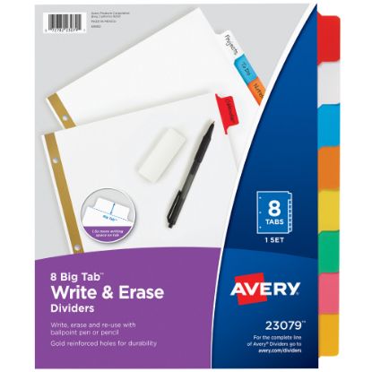 Picture of Avery Big Tab Write-On Tab Dividers With Erasable Laminated Tabs, 8-Tab, Multicolor