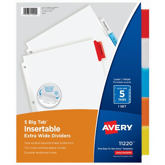 Picture of Avery Big Tab Extra-Wide Insertable Dividers, 9-1/4in x 11-1/8in, Clear Reinforced, White/Multicolor, 5-Tab