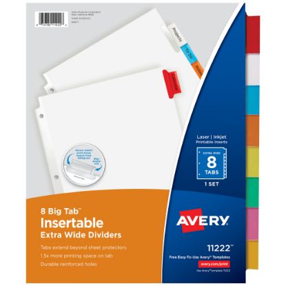 Picture of Avery Big Tab Extra-Wide Insertable Dividers, Clear Reinforced, White/Multicolor, 8-Tab