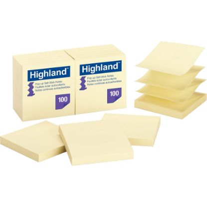 Picture of Highland Repositionable Pop-up Notes, 3in x 3in, Yellow, 1 Dozen 100-Sheet Pads