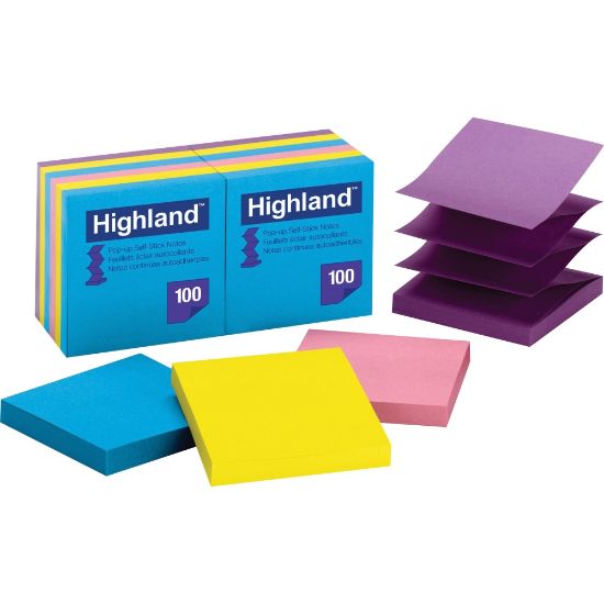 Picture of Highland Self-sticking Bright Pop-up Notepads - 1200 - 3in x 3in - Square - 100 Sheets per Pad - Unruled - Bright Assorted - Paper - Self-adhesive, Repositionable, Removable, Pop-up - 12 / Pack