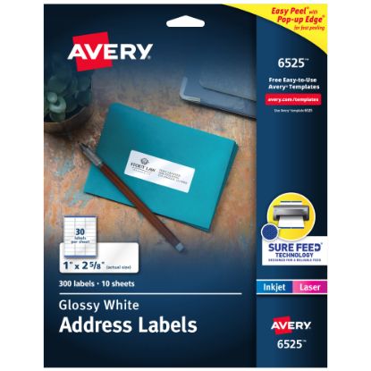 Picture of Avery Address Labels With Sure Feed And Easy Peel Technology, 6525, Rectangle, 1in x 2-5/8in, Glossy White, Pack Of 300