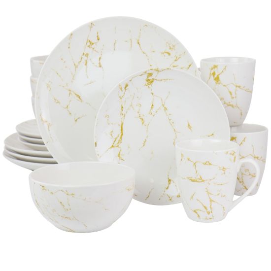 Picture of Elama Fine Marble 16-Piece Stoneware Dinnerware Set, Gold/White