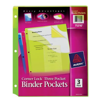 Picture of Avery Corner Lock 3-Pocket Binder Pockets, 20 Sheet Capacity, Assorted Colors, Pack Of 3