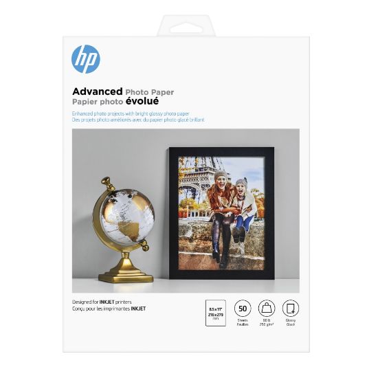 Picture of HP Advanced Photo Paper for Inkjet Printers, Glossy, Letter Size (8 1/2in x 11in), 66 Lb, Pack Of 50 Sheets (Q7853A)