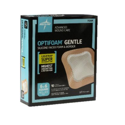 Picture of Medline Optifoam Gentle Silicone-Faced Foam & Border With Liquitrap Core Dressings, 6in x 6in, Natural, Box Of 10