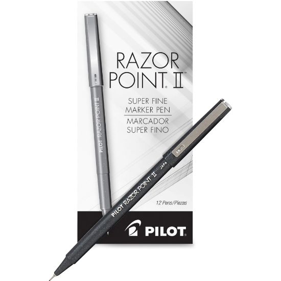 Picture of Pilot Razor Point II Marker Pens, Pack Of 12, Super Fine Point, 0.3 mm, Black Barrel, Black Ink