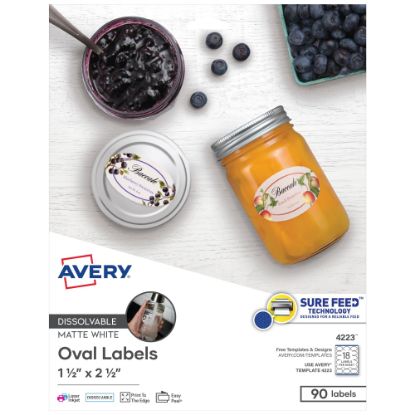 Picture of Avery Dissolvable Labels, 4223, Oval, 1 1/2in x 2 1/2in, White, Pack Of 90