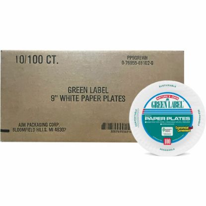 Picture of AJM Packaging Green Label Paper Plates, 9in, White, 100 Plates Per Pack, Case Of 10 Packs