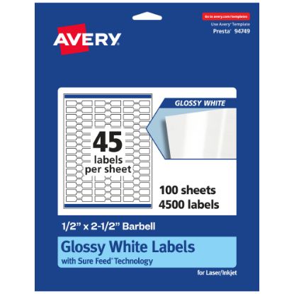 Picture of Avery Glossy Permanent Labels With Sure Feed, 94749-WGP100, Barbell, 1/2in x 2-1/2in, White, Pack Of 4,500