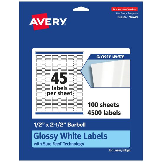 Picture of Avery Glossy Permanent Labels With Sure Feed, 94749-WGP100, Barbell, 1/2in x 2-1/2in, White, Pack Of 4,500