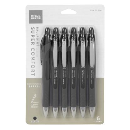 Picture of Office Depot Brand Retractable Ballpoint Pens With Grip, Medium Point, 1.0 mm, Black Barrel, Black Ink, Pack Of 6