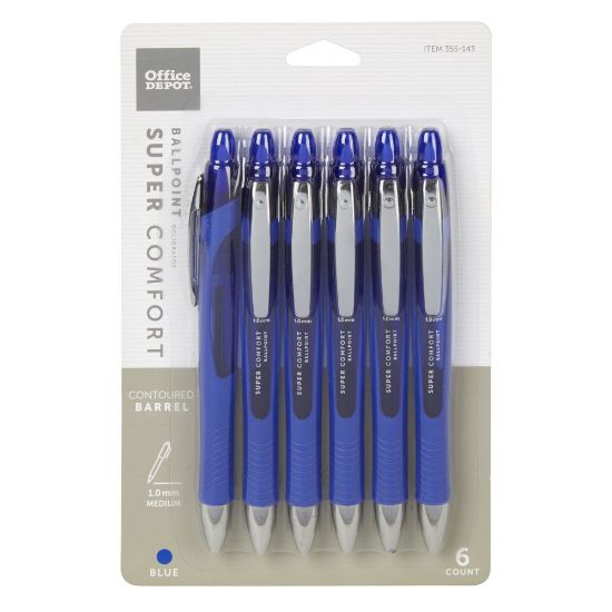 Picture of Office Depot Brand Retractable Ballpoint Pens With Grip, Medium Point, 1.0 mm, Blue Barrel, Blue Ink, Pack Of 6