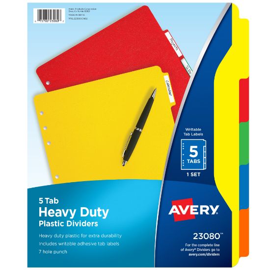 Picture of Avery Heavy Duty Plastic Dividers With White Tab Labels, 8 1/2in x 11in, Multicolor, 5-Tab