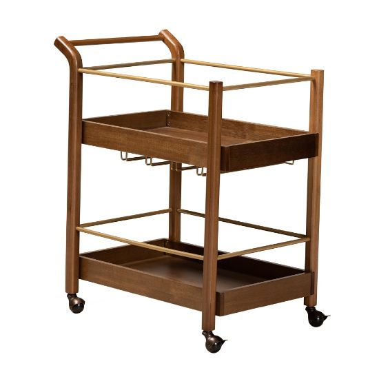 Picture of Baxton Studio Tahir 2-Tier Mobile Bar Cart, 34in x 32-1/8in, Walnut Brown/Dark Bronze