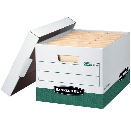 Picture of Bankers Box R Kive Heavy-Duty Storage Boxes With Locking Lift-Off Lids And Built-In Handles, Letter/Legal Size, 15in x 12in x 10in, 60% Recycled, White/Green, Case Of 12