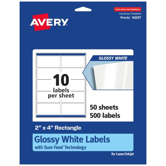 Picture of Avery Glossy Permanent Labels With Sure Feed, 94207-WGP50, Rectangle, 2in x 4in, White, Pack Of 500