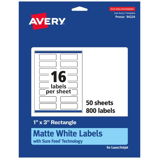 Picture of Avery Permanent Labels With Sure Feed, 94224-WMP50, Rectangle, 1in x 3in, White, Pack Of 800