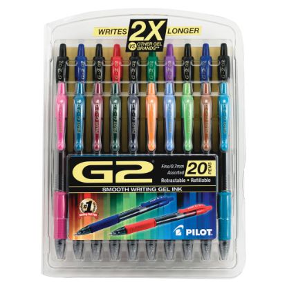 Picture of Pilot G2 Retractable Gel Pens, Fine Point, 0.7 mm, Clear Barrel, Assorted Ink Colors, Pack Of 20