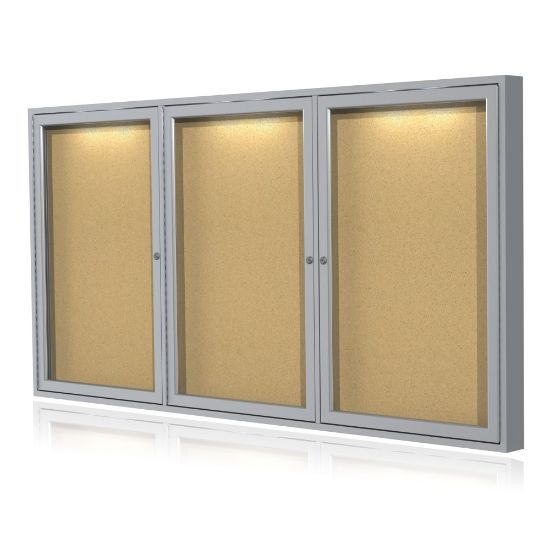 Picture of Ghent 3 Door Enclosed Natural Cork Bulletin Board, Concealed Lighting, 36inH x 72inW