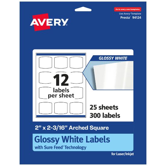 Picture of Avery Glossy Permanent Labels With Sure Feed, 94124-WGP25, Arched Square, 2in x 2-3/16in, White, Pack Of 300