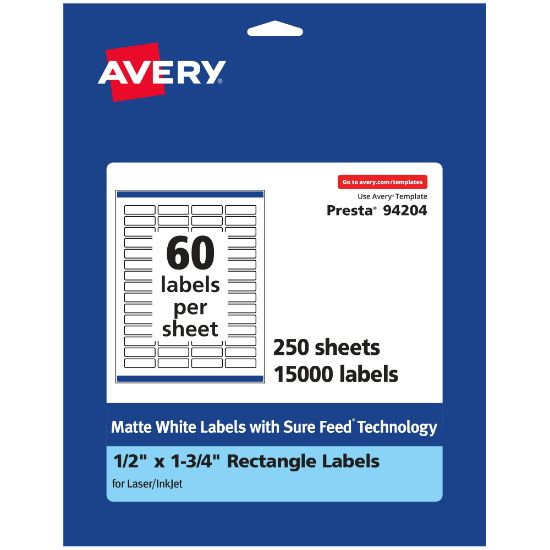 Picture of Avery Permanent Labels With Sure Feed, 94204-WMP250, Rectangle, 1/2in x 1-3/4in, White, Pack Of 15,000