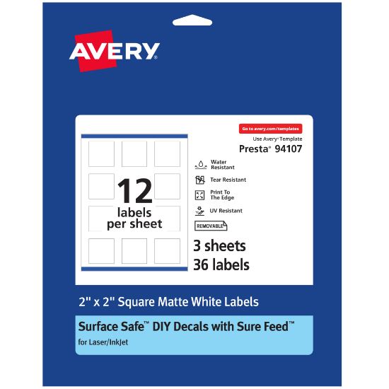 Picture of Avery Durable Removable Labels With Sure Feed, 94107-DRF3, Square, 2in x 2in, White, Pack Of 36