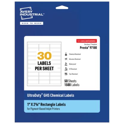 Picture of Avery Ultra Duty Permanent GHS Chemical Labels, 97180-WMUI50, Rectangle, 1in x 2-5/8in, White, Pack Of 1,500