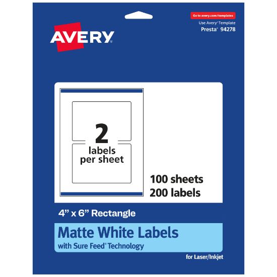 Picture of Avery Permanent Labels With Sure Feed, 94278-WMP100, Rectangle, 4in x 6in, White, Pack Of 200