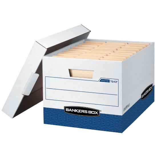 Picture of Bankers Box R Kive Heavy-Duty Storage Boxes With Locking Lift-Off Lids And Built-In Handles, Letter/Legal Size, 15in x 12in x 10in, 60% Recycled, White/Blue, Case Of 12