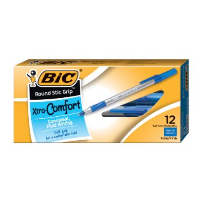 Picture of BIC Round Stic Grip Xtra-Comfort Ballpoint Pens, Fine Point, 0.8 mm, Gray Barrel, Blue Ink, Pack Of 12