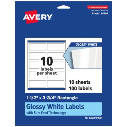 Picture of Avery Glossy Permanent Labels With Sure Feed, 94205-WGP10, Rectangle, 1-1/2in x 3-3/4in, White, Pack Of 100