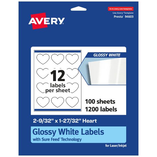 Picture of Avery Glossy Permanent Labels With Sure Feed, 94603-WGP100, Heart, 2-9/32in x 1-27/32in, White, Pack Of 1,200