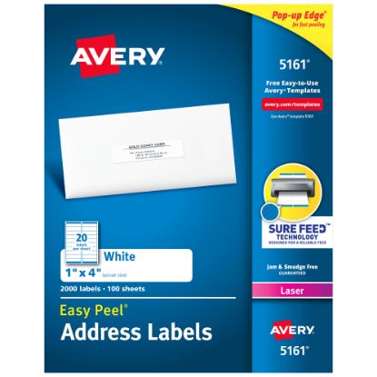 Picture of Avery Easy Peel Address Labels With Sure Feed Technology, 5161, Rectangle, 1in x 4in, White, Pack Of 2,000