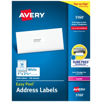 Picture of Avery Easy Peel Address Labels With Sure Feed Technology, 5160, 1in x 2 5/8in, White, Box Of 3,000