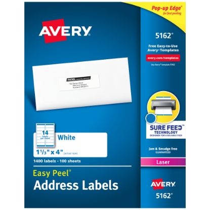 Picture of Avery Easy Peel Address Labels With Sure Feed Technology, 5162, Rectangle, 1-1/3in x 4in, White, Pack Of 1,400