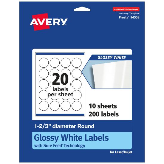 Picture of Avery Glossy Permanent Labels With Sure Feed, 94508-WGP10, Round, 1-2/3in Diameter, White, Pack Of 200