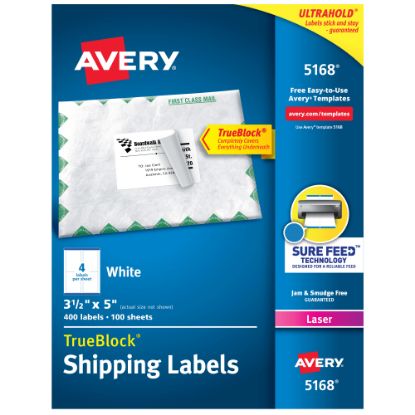 Picture of Avery TrueBlock Shipping Labels With Sure Feed Technology, 5168, Rectangle, 3-1/2in x 5in, White, Pack Of 400