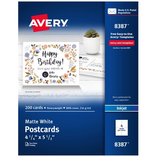 Picture of Avery Inkjet Postcards, 4 1/4in x 5 1/2in, Matte White, Box of 200