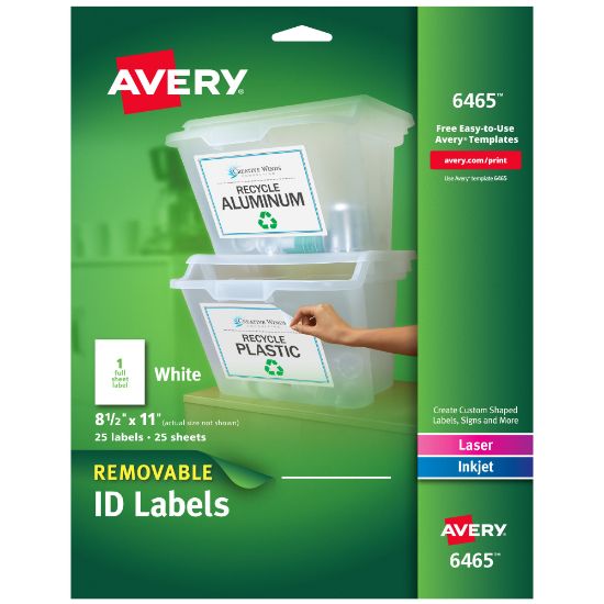 Picture of Avery Self-Adhesive Removable ID Labels, 6465, Rectangle, 8.5in x 11in, White, Pack Of 25