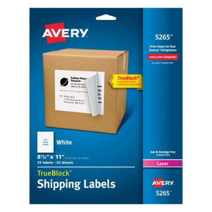 Picture of Avery Shipping Labels With TrueBlock Technology, Permanent Adhesive, 5265, Rectangle, 8-1/2in x 11in, White, Box Of 25